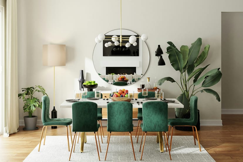 Salle à manger, chaises en velours vert et suspension design